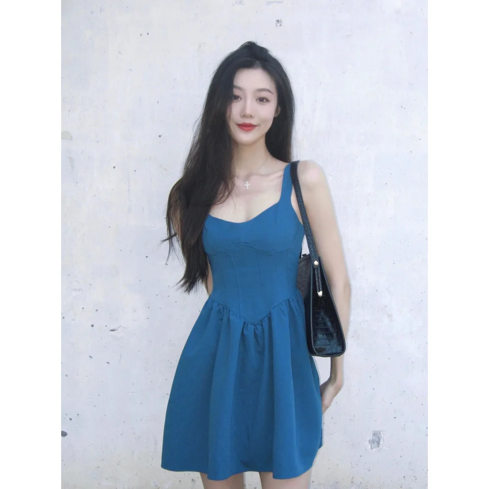 

Tea Break French Blue Halter Women Dress Retro Niche Design Sense Waist Tufted Female Dress Fashion Sexy Seaside Holiday Dress