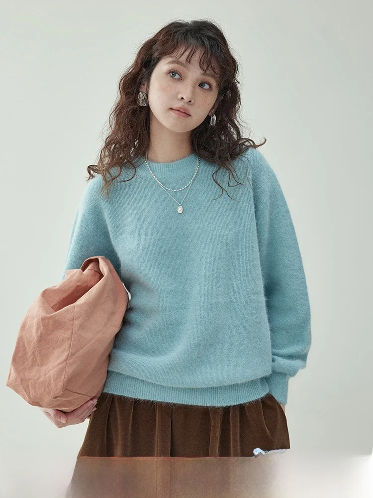 &quotNorth Island Amuu&quot Синий кроличий мех с круглым вырезом Свободный свитер длинными