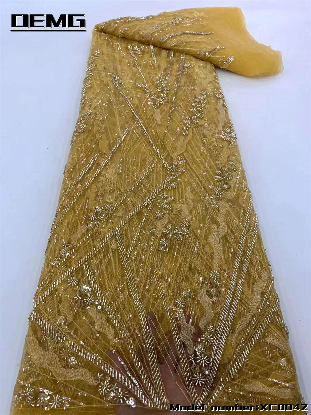 

OEMG Nigerian Handmade Beaded French Lace Fabric Sequins Embroidery African Tulle Guipure Lace Fabric For Party Dress XC0042-1