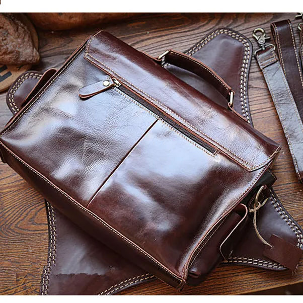 Vintage crazy horse cowhide men multi-pocket briefcase business office work handbag casual genuine leather laptop messenger bag