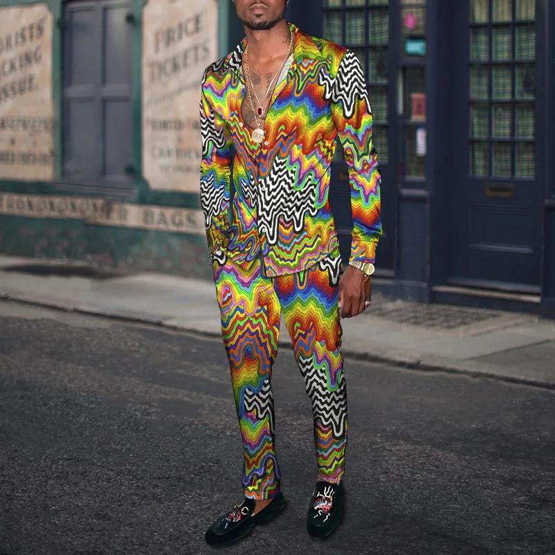 Spring Autumn Men Shirt + Pants 2 Piece Set Fashion Brand 3D Ink Dye Graph Suit Slacks European Size S-4XL Men's Clothing