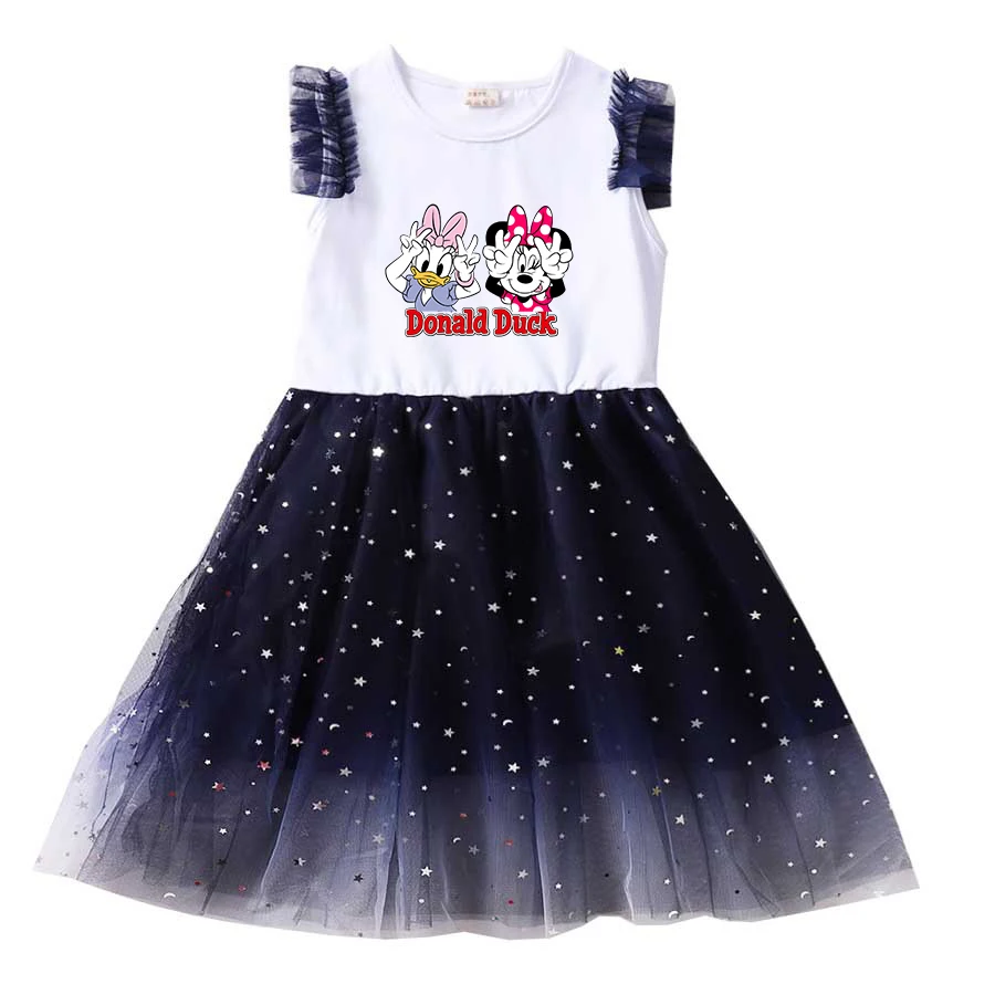 

Disney Mickey Mouse and Donald Duck Summer Kids Dresses for Girls Kids Short Sleeve Princess Dress Children's Prom Mesh Dresses