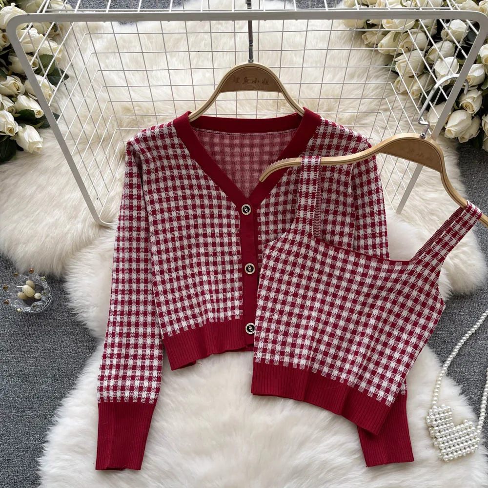 

Korean Style Knitted Two Piece Set Woman Sweater Red Plaid Button Cardigan Mujer Long Sleeve + Straps Camisole Tank Dropshipping