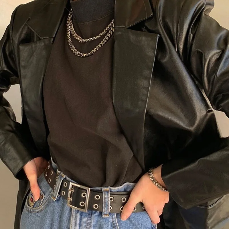Autumn Coat 2023 Streetwear Black Women's Jacket Y2k Aesthetic Gothic Retro 90s Clothing PU One Button Women's Leather Jacket