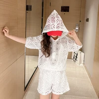girls summer clothes hollow design beige hooded t shirt shorts casual clothing set for children short sleeve fashion kids outfit