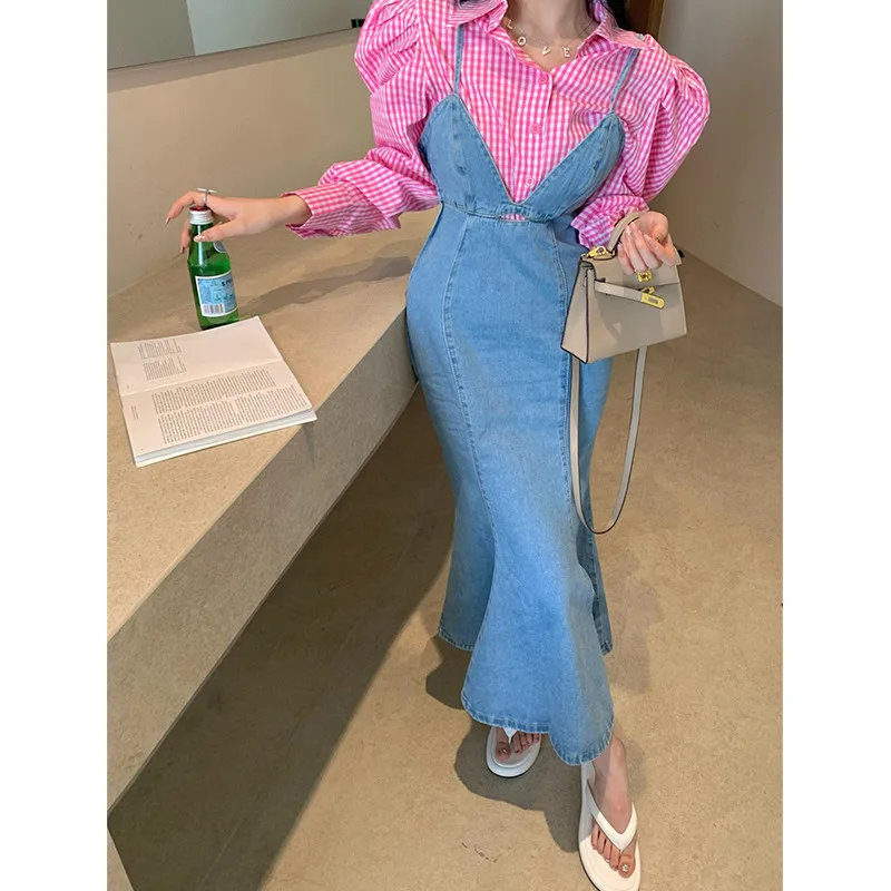 

Fashion Women 2 Pieces Dress Suit Long Puff Sleeve Pink Plaid Shirt+Mermaid Denim Suspender Skirt Suits Chic Lady 2pc Outfits
