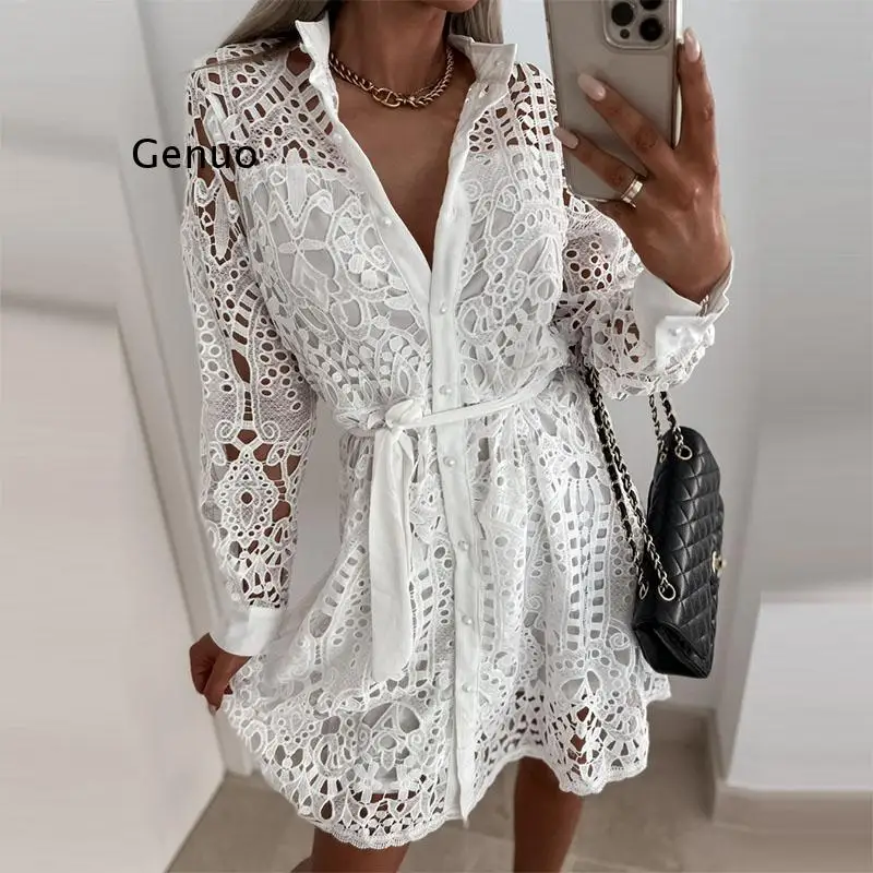 

Женское кружевное ажурное платье-рубашка, привлекательное праздничное платье с отложным воротником, винтажное офисное платье с оборками, Пляжное Платье