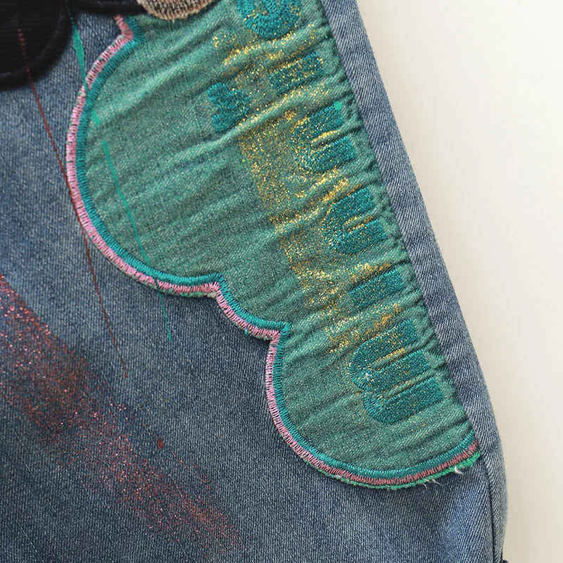 2023 New Baggy Pants Trousers Cartoon Patch Jeans Women's Clothes Elastic Waist Contrast Color Curling Small Cropped Harem Pants