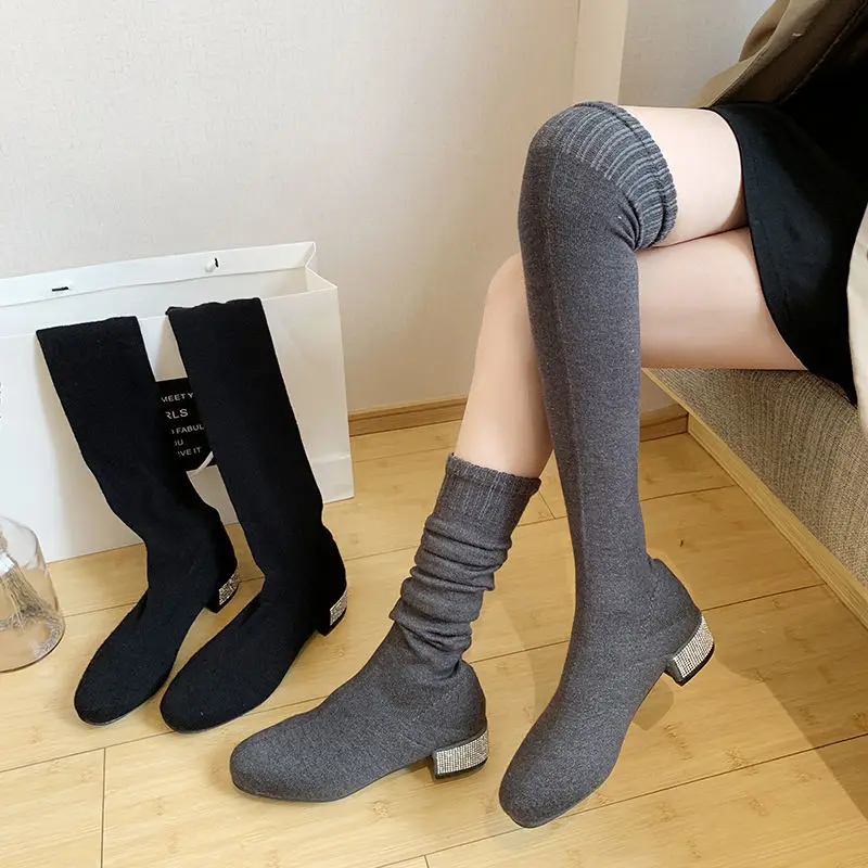 Сапоги выше колена сапоги на толстом каблуке Осенние эластичные высокие женские