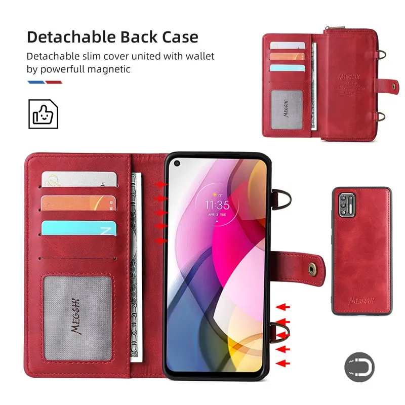 Moto G Stylus 5G 2021 Case, Premium  Flip Zipper Detachable Magnet Wallet Stand Card Holder Case with Crossbody Lanyard Strap Zi