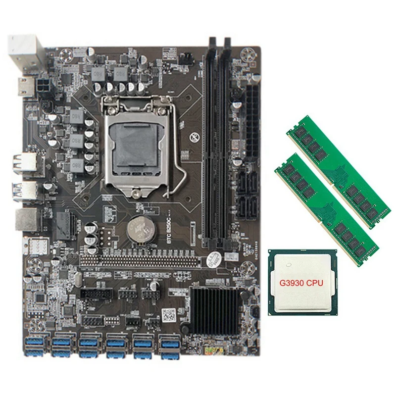 

Материнская плата для майнинга B250C с процессором G3930 + 2XDDR4 4G 2666 МГц ОЗУ 12xpcie на USB3.0, слот для графической карты для BTC