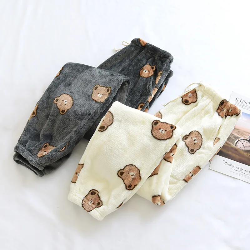 Winter Women's Flannel Pajama Pants Home Pants Cute Bear Beam Feet Loose Warm Thick Elastic Waist Pants