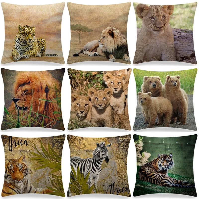 Lion Tiger Zebra stampato lino cuscino casa decorativo fodere cuscino Ferocious animali modello Decor federa 45x45cm