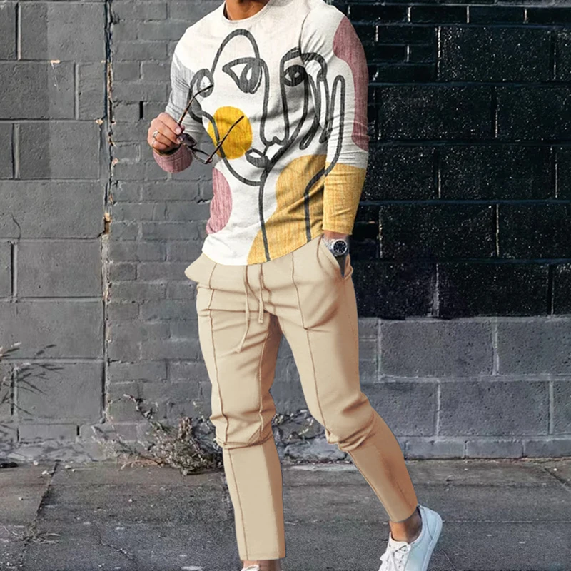 New Men's Long-sleeved T-shirt Suit Fashion Street Style Clothing Slim Sportswear Two-piece Set O Collar Sweatshirt Pullover