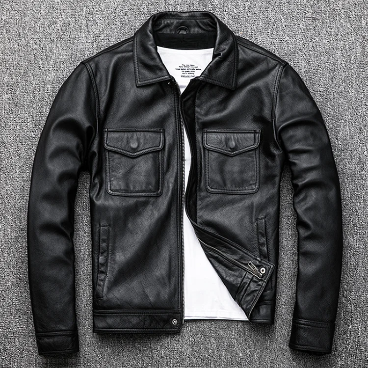 

Free Shipping.Genuine Leather jacket.Winter casual black Men cowhide clothes.quality plus size leather coat.54-56 slim outlet
