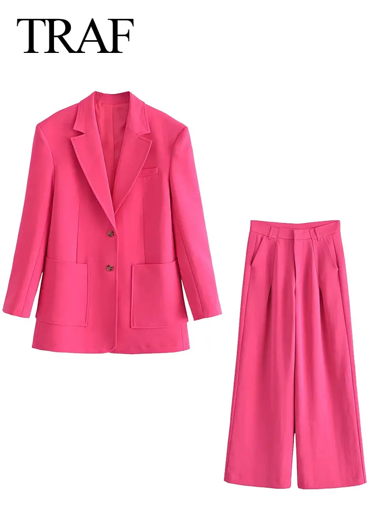 

TRAF ZA Women's Blazer Suit Solid Color Office Suit Double Breasted Blazer Lapel Top + Straight Pants Trousers 2 Piece Casual