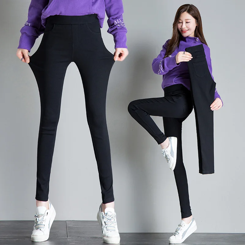 

Весна 6759, модные женские узкие брюки, черные подходящие ко всему эластичные Простые однотонные Женские флисовые брюки в Корейском стиле с высокой талией