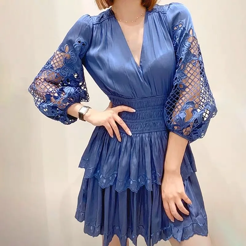 

2023 Early Autumn New V-neck Lantern Sleeve Hollow Embroidery Short Dress Women