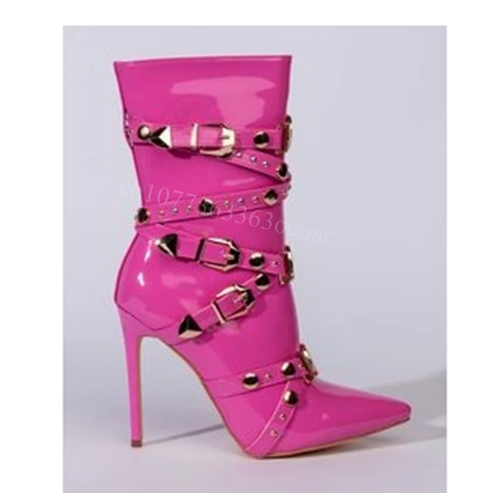 Женские сапоги из лакированной кожи розовые до середины икры с острым носком на