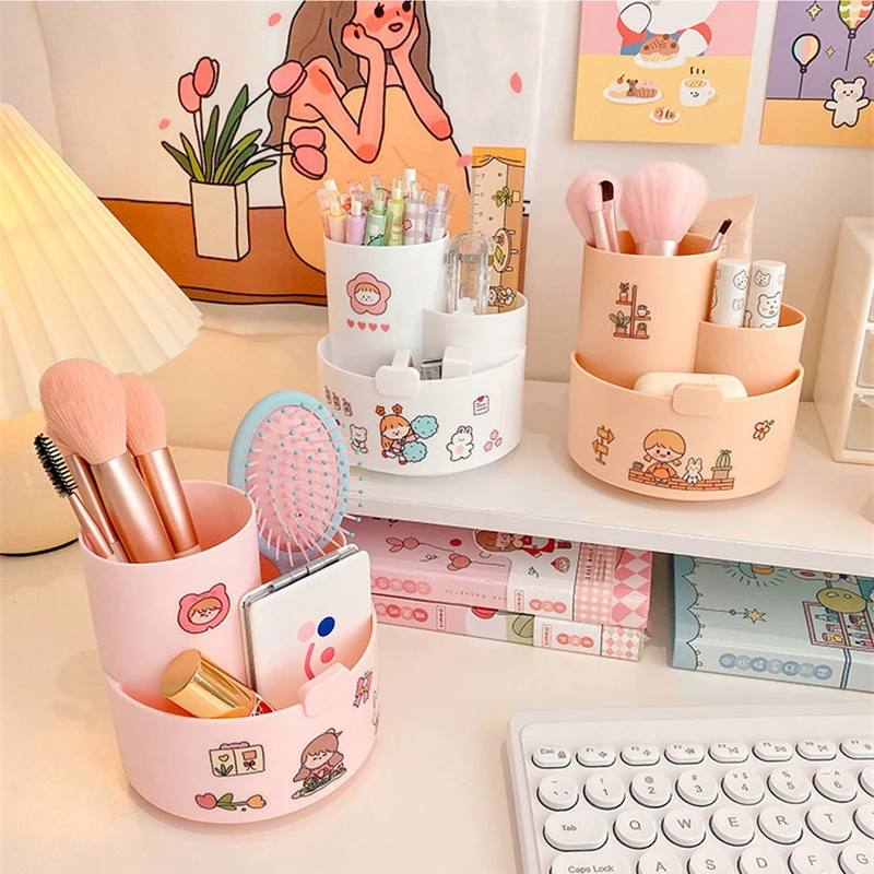 

Вращающийся на 360 ° Настольный органайзер для хранения ручек, держатель для губной помады, милый Настольный отсек, пластиковая коробка
