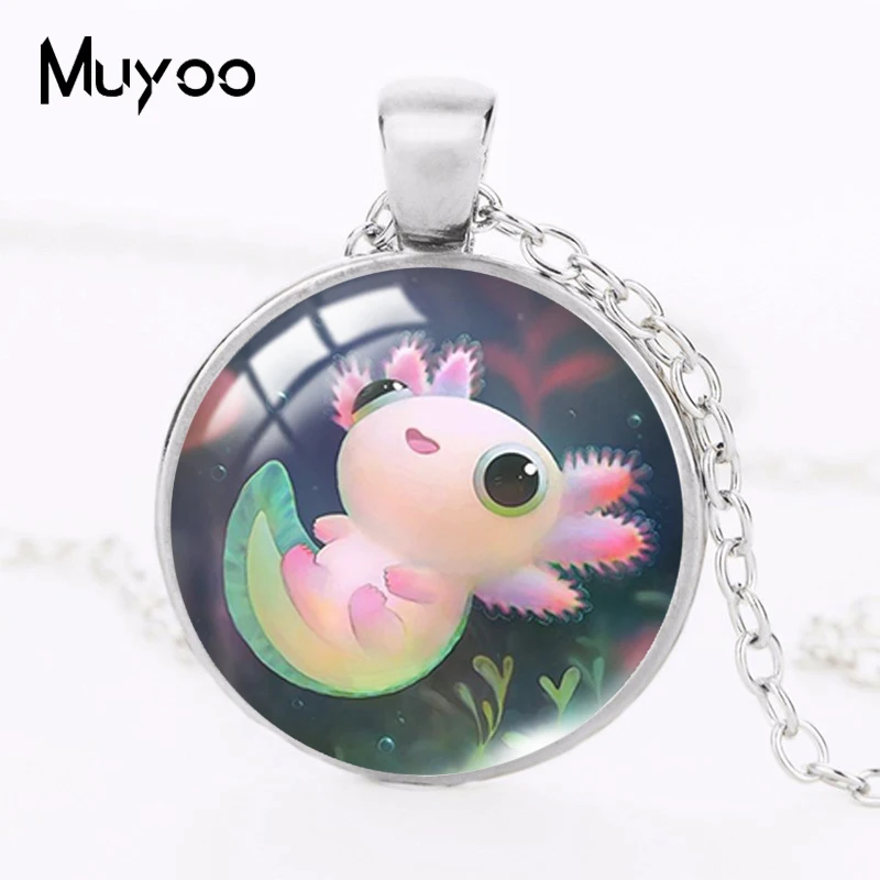 2022 New Cute Axolotl Pendant Necklace Animal Round Photo Necklaces Glass Dome Jewelry Gifts