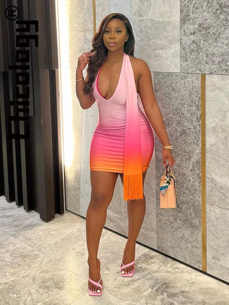 

Chicology 2022 Women Printing Halter Sleeveless Tassel Backless Bodycon Mini Dress Party Club Streetwear Vacation Summer Clothes