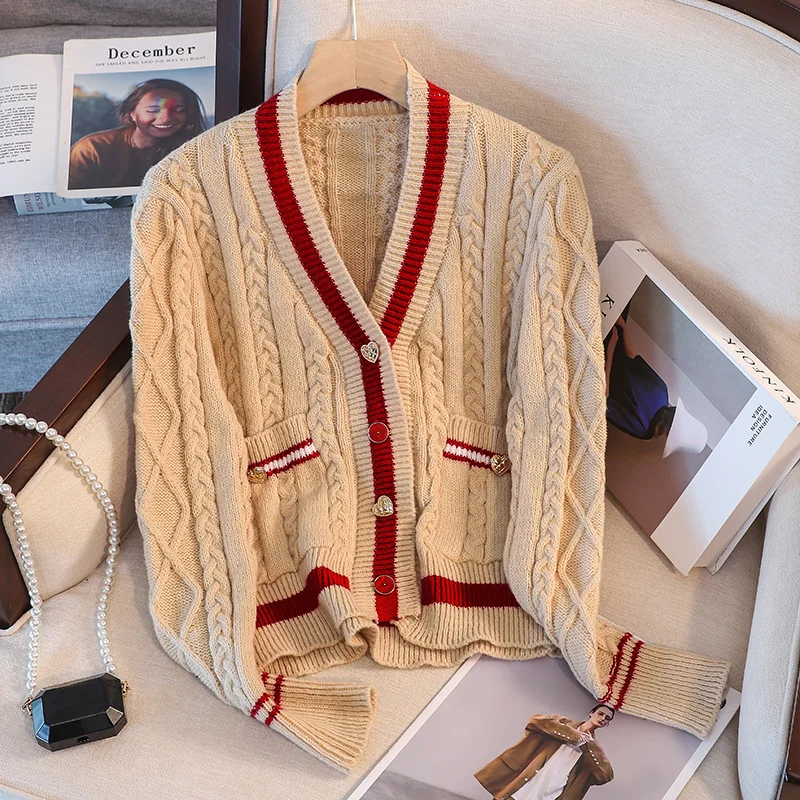 

Короткий вязаный свитер с V-образным вырезом, кардиган, новинка для женщин на весну и осень, шикарный дизайн в британском стиле, тонкое вязан...