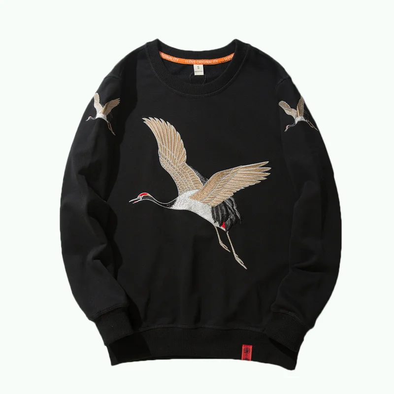 New Hoodie Men's Fleece-Lined Chinese Style Autumn and Winter Crane Embroidery National Fashion Loose plus Size Crew Neck