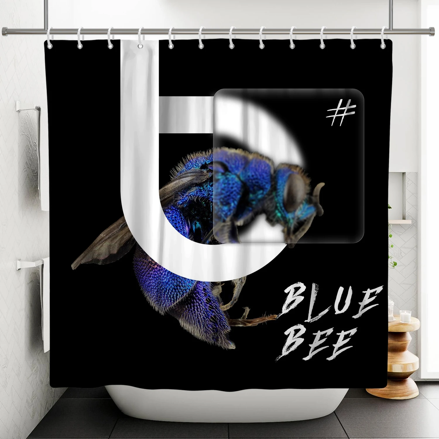 

Abstract Blue Shower Curtain Creative Blue Bee Pattern Bath Bathtub Curtains Waterproof Bathroom Accessories With Hooks