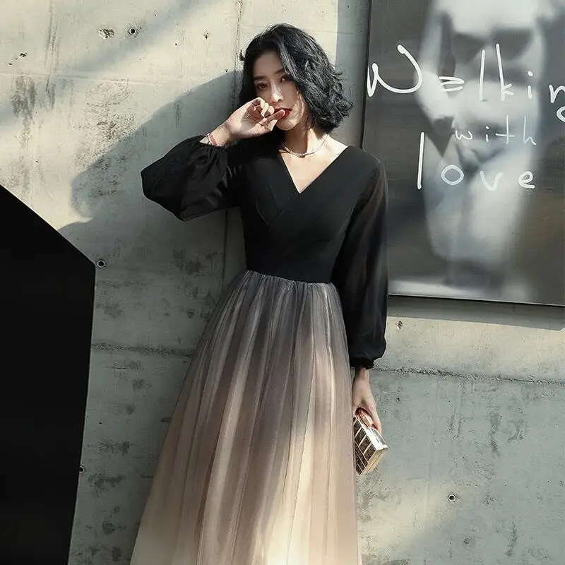 

Black Evening Dresses Long 2020 New Arrival V-neck Long Sleeve Sexy Long Party Gowns
