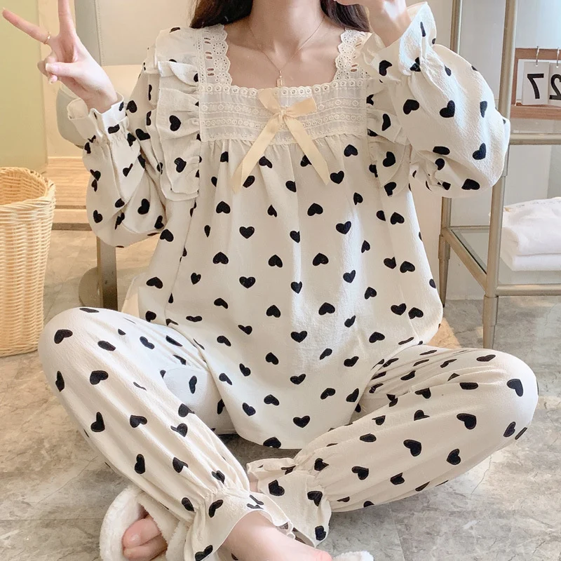 Lace Homewear Pajamas Set Women Sweet Princess Flower Print Full-Sleeve Fashion Soft Comfortable Pyjamas Clothes Big Size