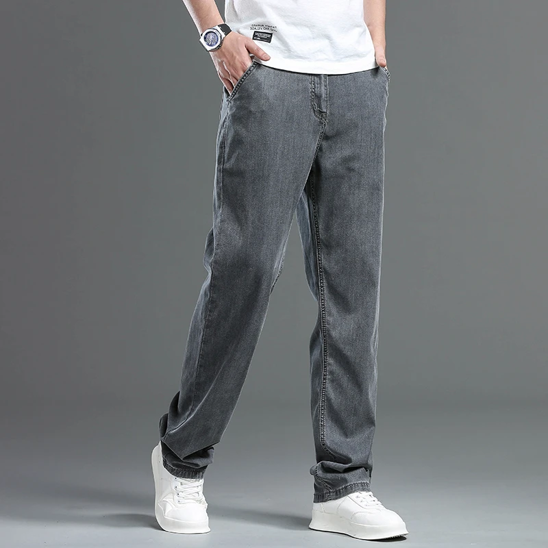 

Sulee 2023 Autumn Cotton Casual Jeans Men's Straight Leg Loose Stretch Mid-high Waist Business Pants Light Bule Gery