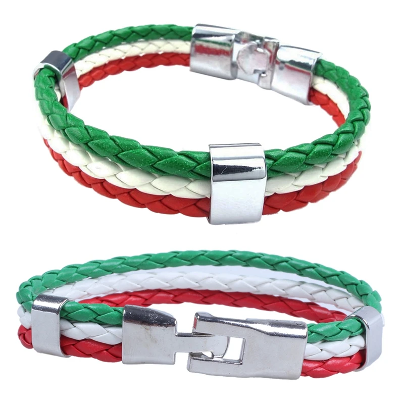 

2 Pcs Green White Red Jewelry Bracelet, Italian Flag Bangle, Leather Alloy, For Men's Women, Width 14 Mm - Length 21.5 Cm & 23 C