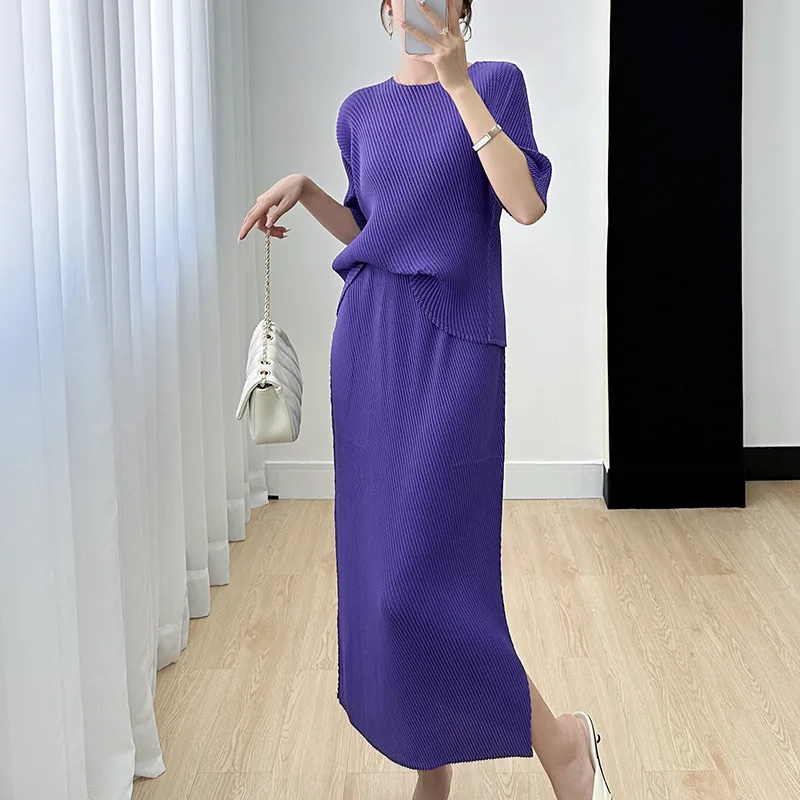 Женский комплект Miyake с коротким рукавом новинка ленивого стиля однотонное