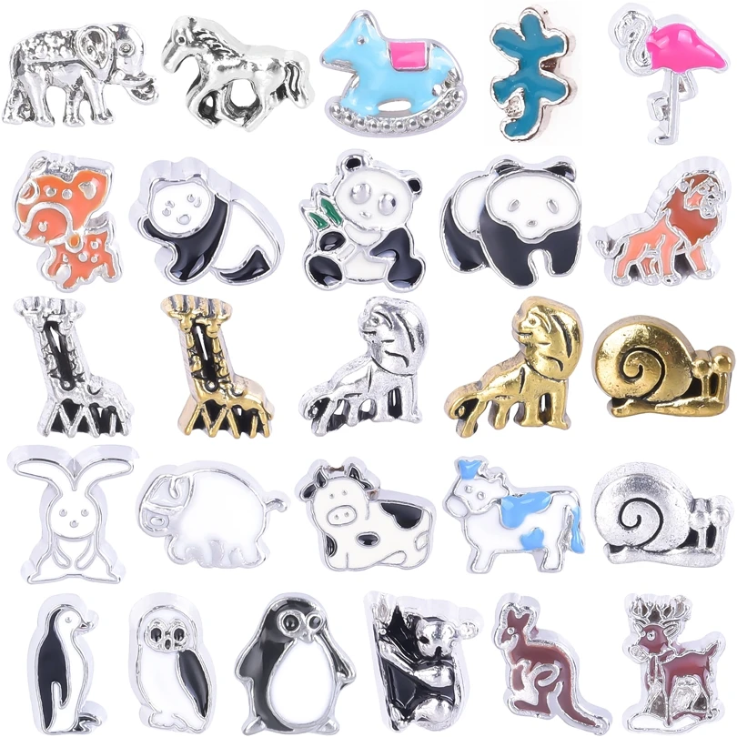 

20Pcs New Charm Animal Panda Penguin Rabbit Elephant Lion Kangaroo Floating Locket Accessories DIY Jewelry Making Bulk