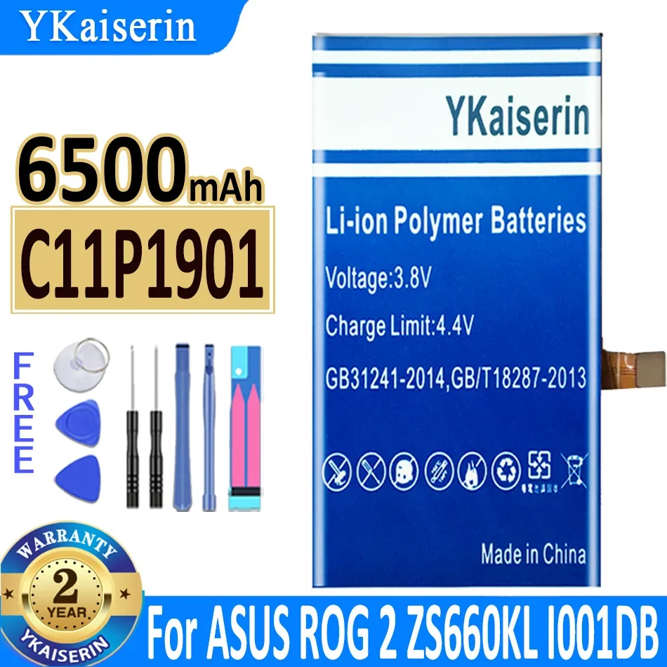 

YKaiserin For ASUS High Capacity C11P1901 ZS660KL I001DB Phone Battery For ASUS ROG 2 ROG2 Game Phone batteria 6500mAh +Tools