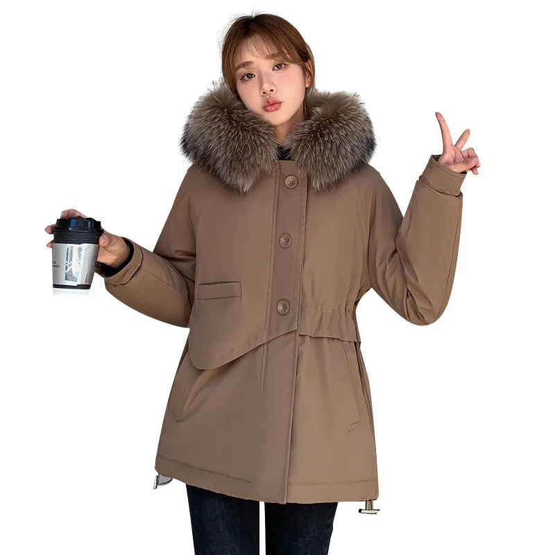 

Mid-length Cotton Coat Women Winter New Fashion Solid Color Hooded Large Fur Collar Parka Plush Lining Coats Female JD1580