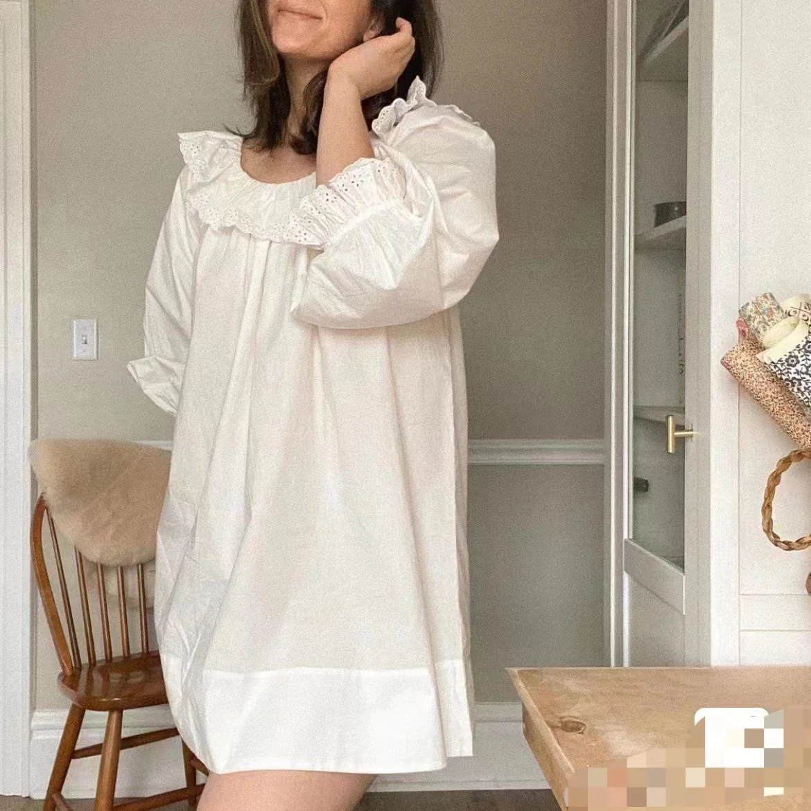 

Hollow Out Embroidery Women mini dress Ruffles Neck Petal Long Sleeve Pure Loose lady White Dress