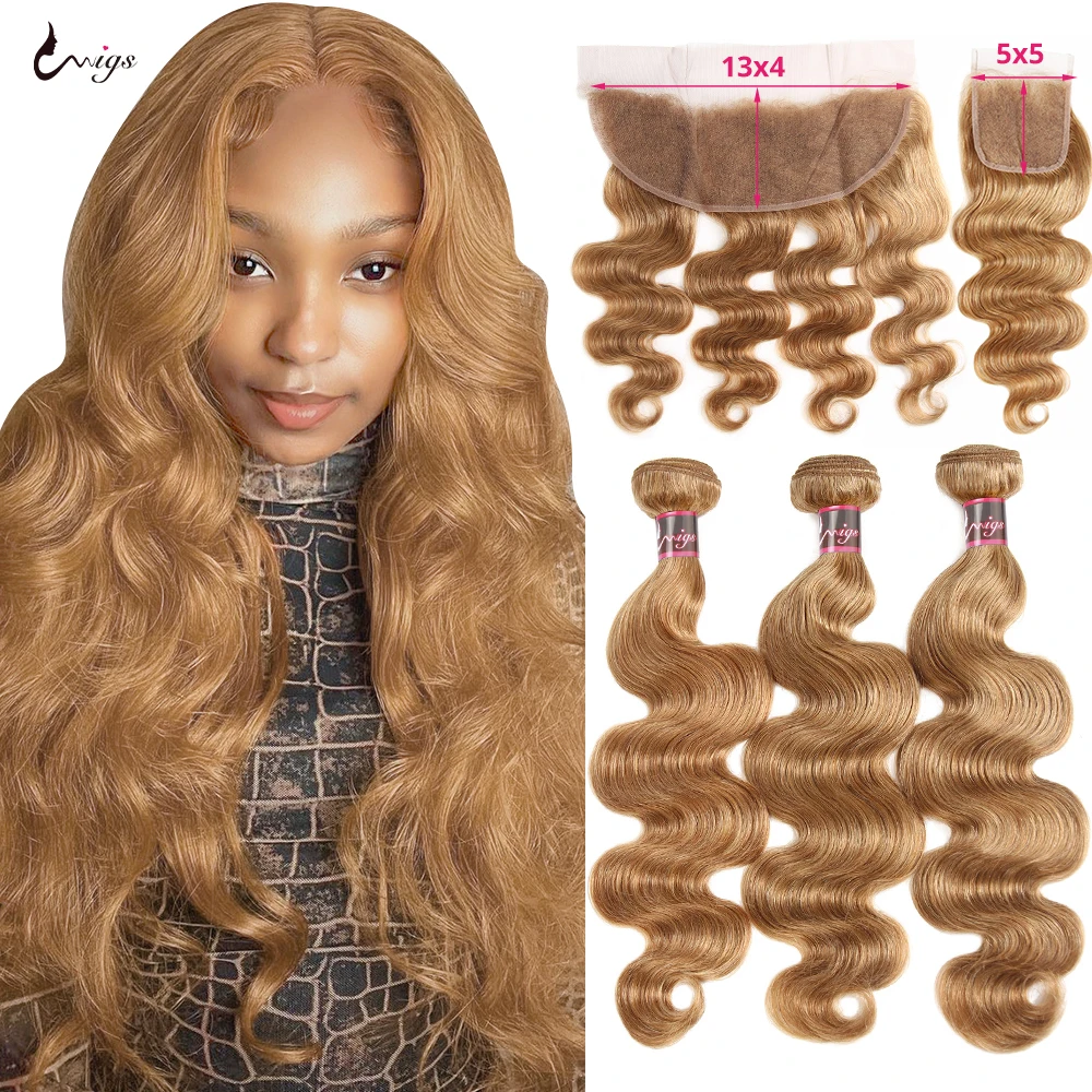 

#27 Honey Blonde Human Hair Bundles with HD Frontal Brazilian Hair Weave Bundle with Closure 5X5 Ombre Colored Body Wave Bundles