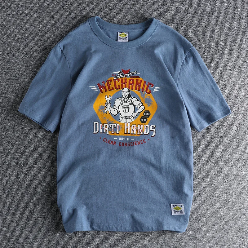 

Summer New American Retro Short Sleeve O-neck Mechanic Printed T-shirt Men's Fashion 100% Cotton Washed Old Youth Casual Tops