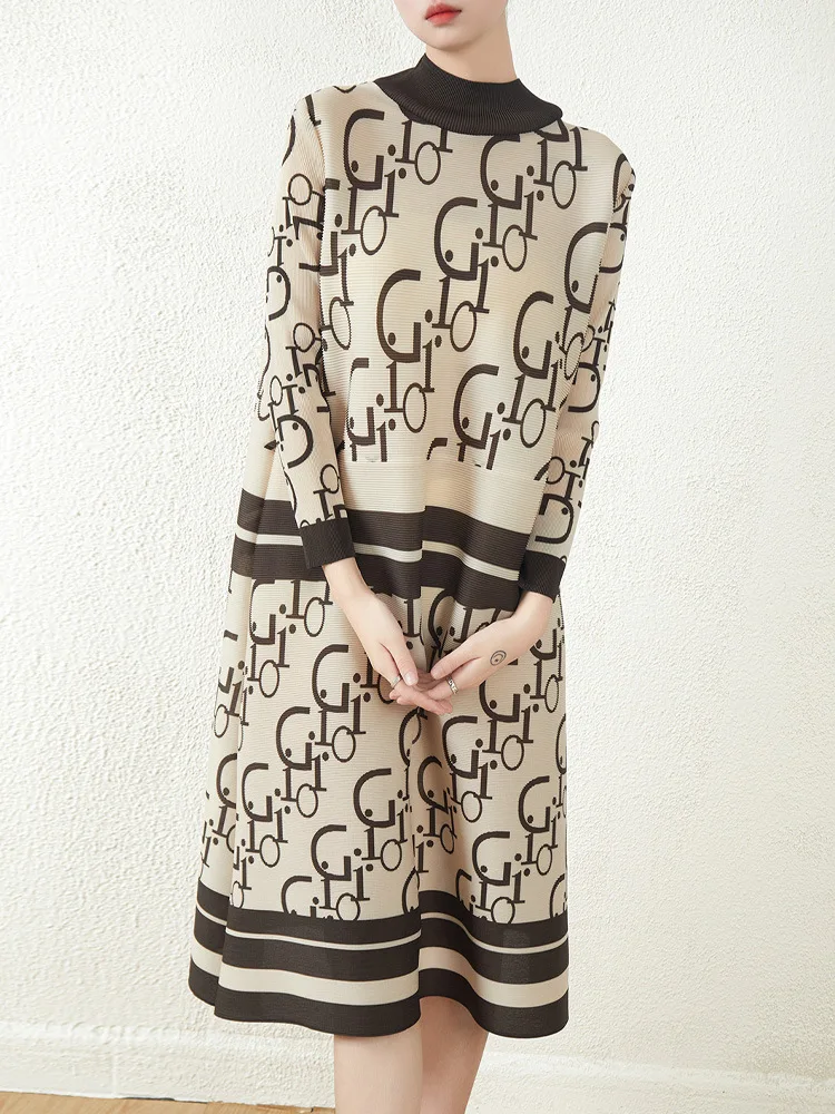 

Плиссированное весеннее платье миаке с воротником-стойкой, свободное винтажное модное платье миди с длинным рукавом и принтом, 2023
