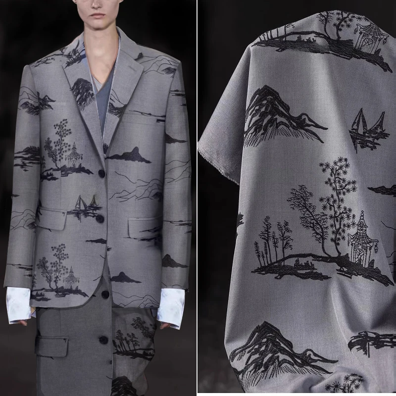 Пессенция пейзажная вышивка ткань для костюма серая нижняя часть черная линия