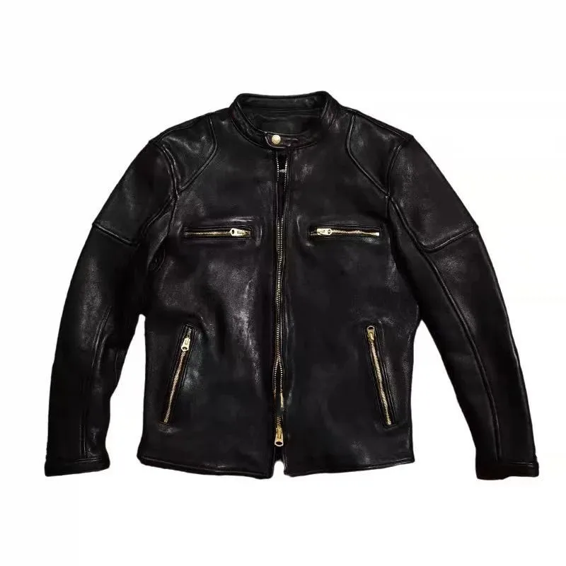 

Черная Мужская весенняя куртка J100 в байкерском стиле размера плюс 5XL из натуральной кожи, Осеннее приталенное короткое пальто из натуральной кожи
