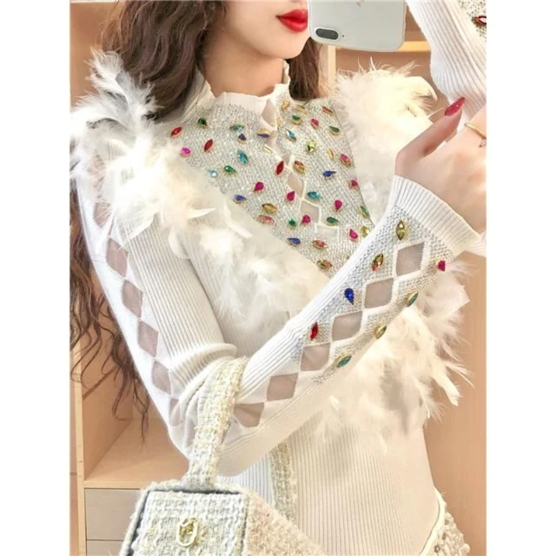 

Fall Women Hot Drilling Diamonds Beaded Knitted Bottoming Shirts Mesh Splicing Hollow Sweater 3D Feather Pullovers Knitwear Tops