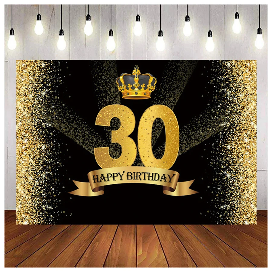 

Customized 30th Birthday Party Table Banner Backdrop Black Gold Glitters Crown for Men Women Photography Background Photo Booth