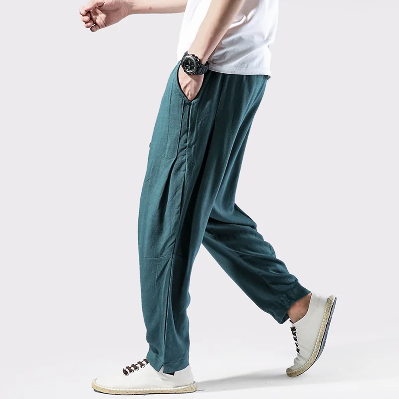 

2022 Casual Pants Men's Chinese Style Linen Harem Sports Pants Beam Feet Cotton and Linen Solid Color Trousers Loose Bloomers