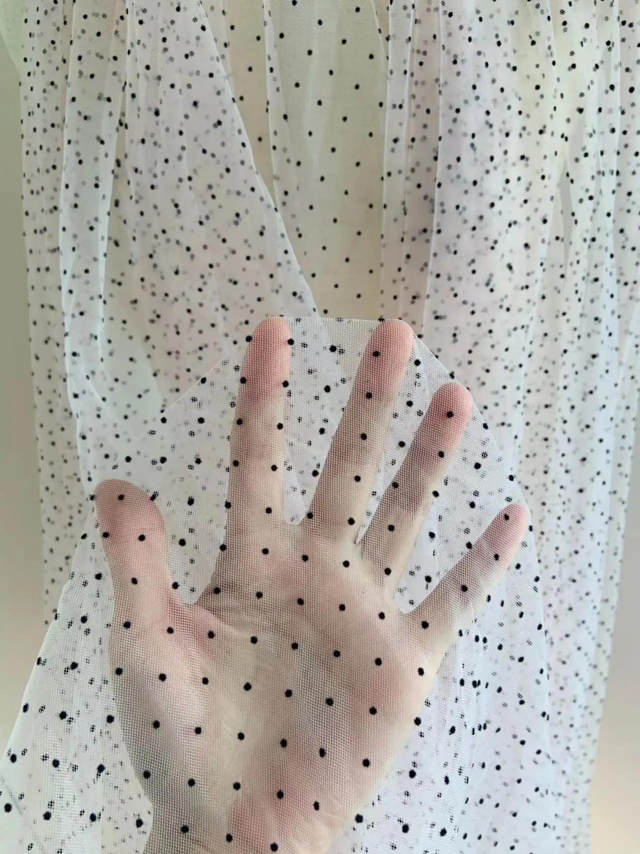 

5 Yards Light Pink Soft Tulle Lace Fabric with Black Tiny Velvet Polka Dots Mini Points for Dress Supplies
