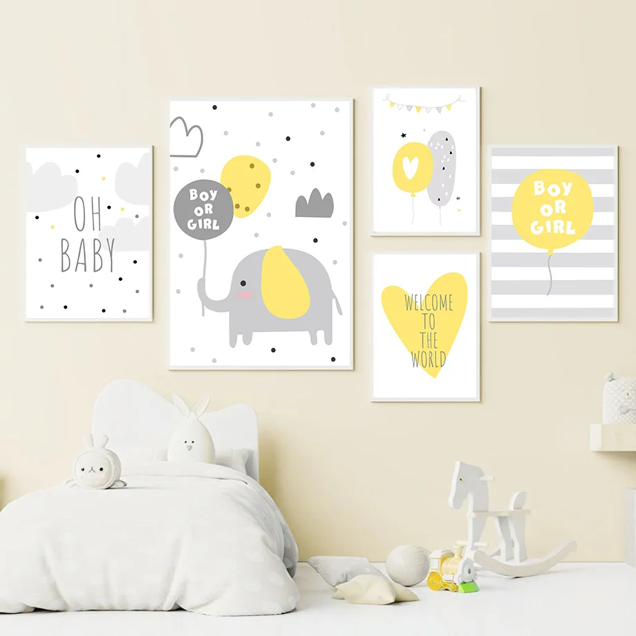 

Abstract Elephant Balloons Wall Art Poster Yellow Heart Art Print Quotes Canvas Painting Nordic Pictures Baby Kids Room Decor