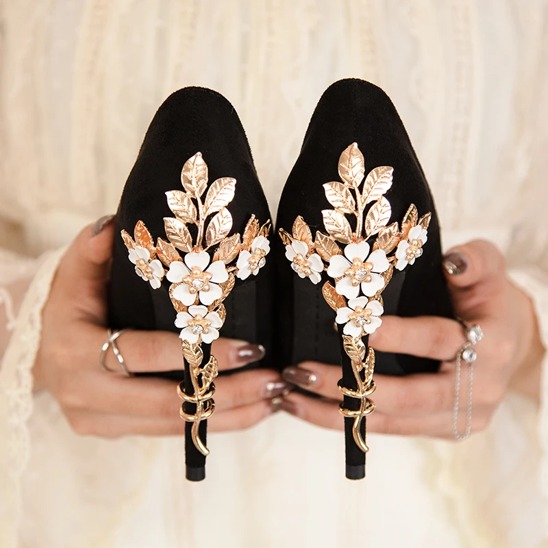 Flower Luxury Women's Pumps Pointed Toe High-Heeled Women Party Shoes Sexy Bride Wedding Shoes 10cm High Heels Ladies Stilettos