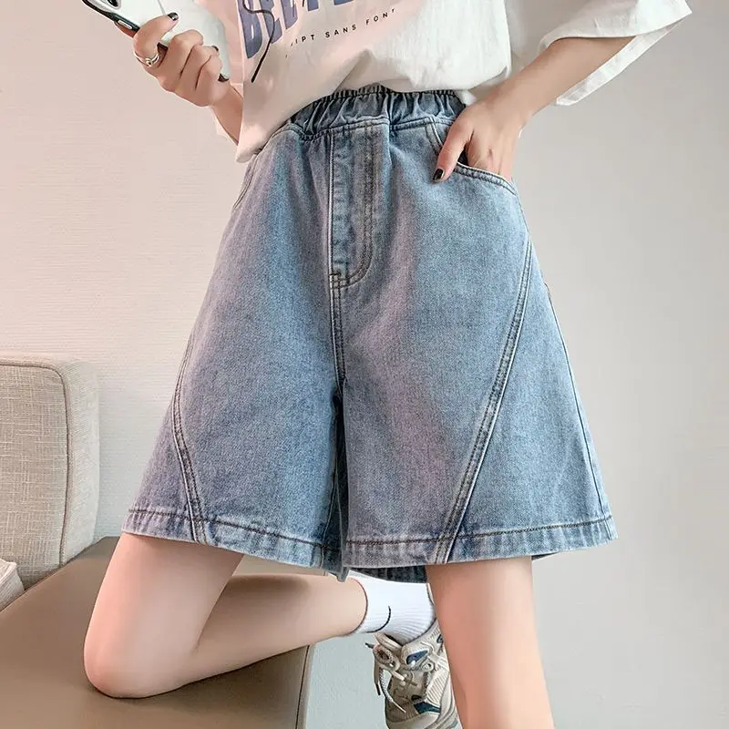 

Свободные джинсовые шорты для полных девушек 6XL, укороченные брюки, свободные широкие брюки А-силуэта с высокой талией, в студенческом стиле